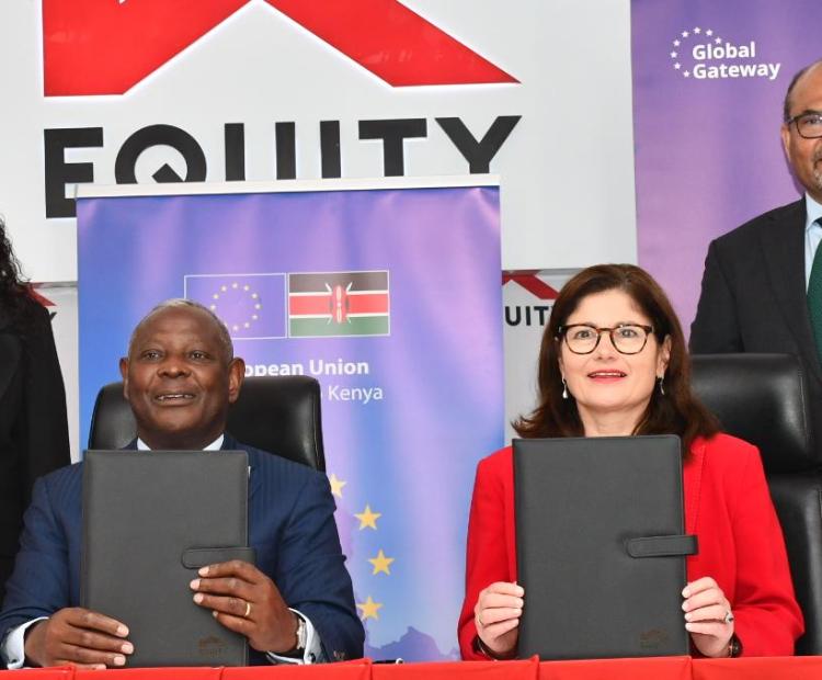 Earlier today, Principal Secretary for Science, Research and Innovation, Prof. Shaukat Abdulrazak witnessed the signing of a Memorandum of Understanding (MoU) between the European Union and Equity Bank at Equity Centre, Nairobi.  
